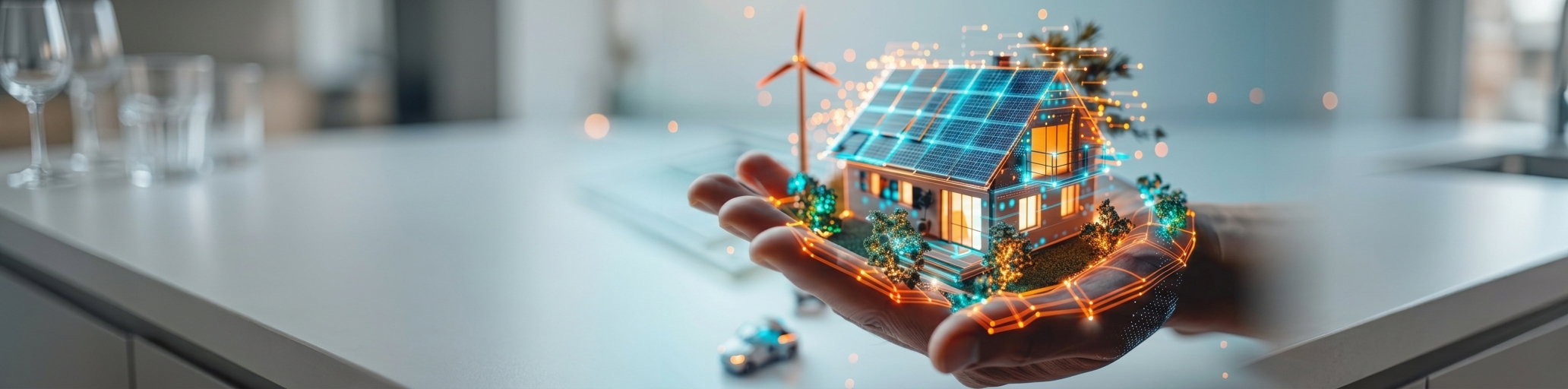 Façade d’un immeuble de bureaux intelligent équipé de dispositifs de sûreté, à la tombée du jour